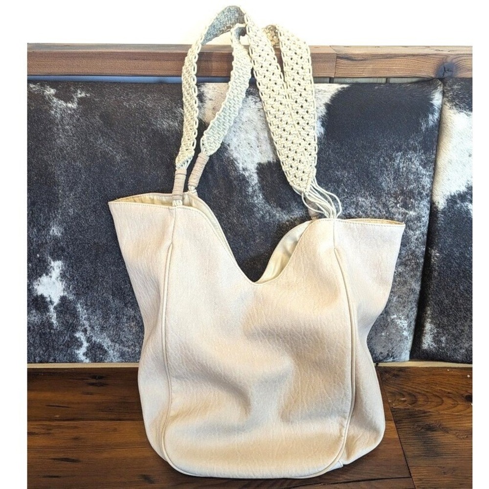 Boho Coastal Cowgirl Cream Faux Leather Hobo Bag Macrame Strap Tote